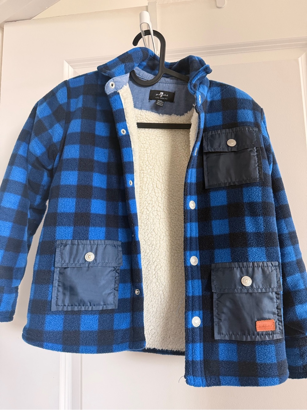 7 For All Mankind Blue and Black Plaid Sherpa-Lined Puffer Jacket
